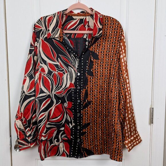 Soft Surroundings | Multicolor Abstract Print Button Down Silk Blouse Size 1X - Picture 1 of 8